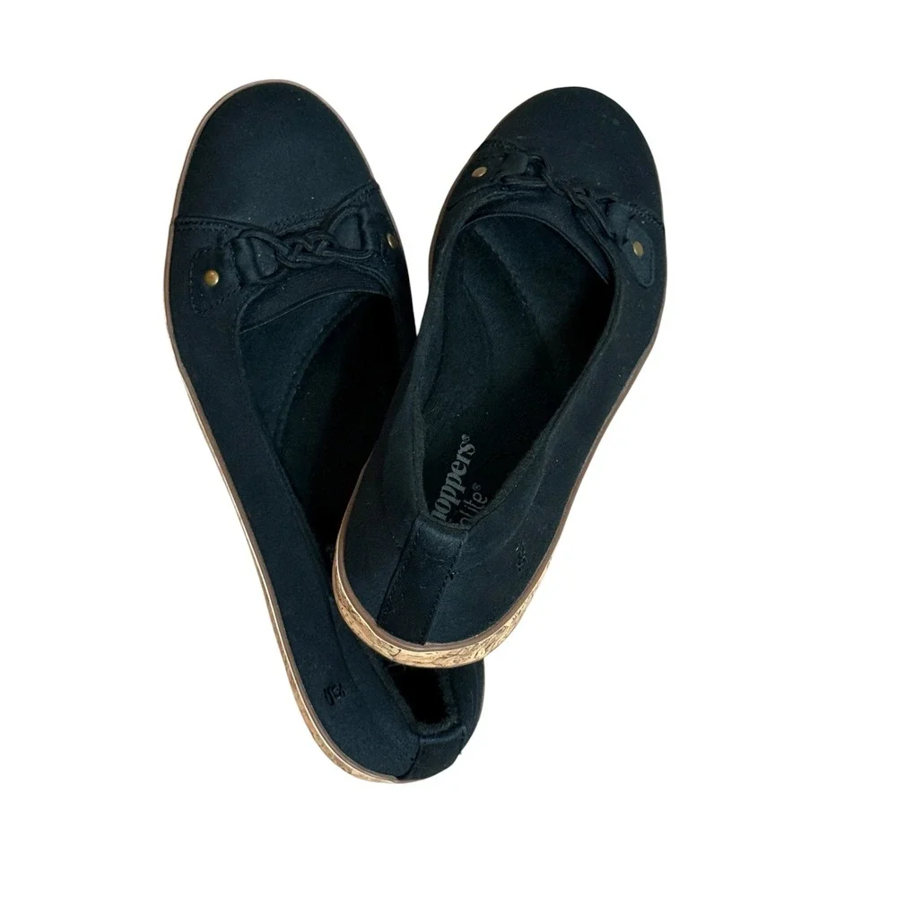 Grasshoppers Betty Black Fabric Cork Wedge Ortholite Slip On Shoes EF57920 8M